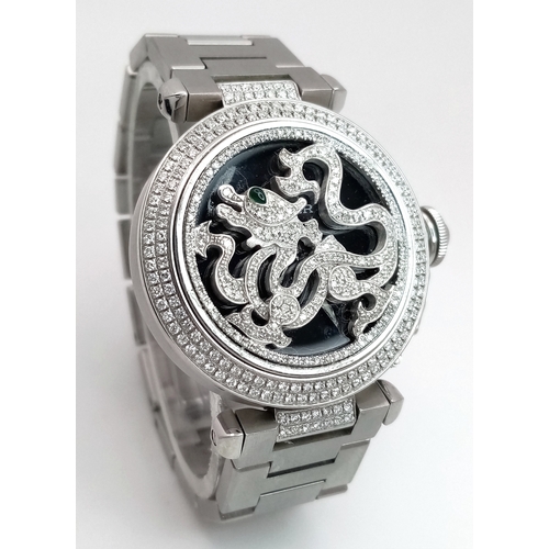 43 - A Pasha De Cartier Diamond Dragon Ladies Watch. Stainless steel bracelet and case - 36mm. Ornate Dia... 