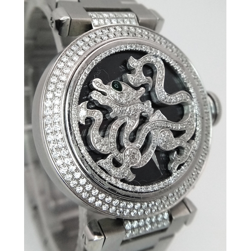 43 - A Pasha De Cartier Diamond Dragon Ladies Watch. Stainless steel bracelet and case - 36mm. Ornate Dia... 