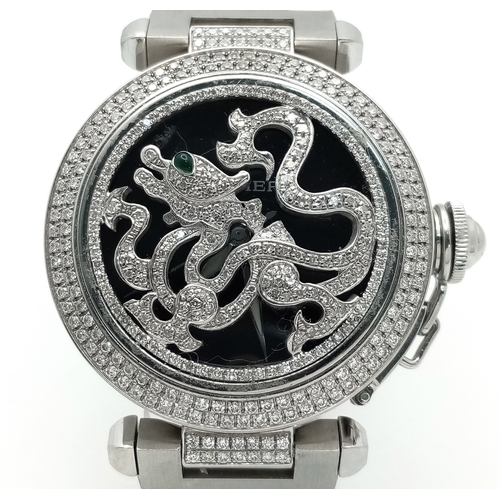 43 - A Pasha De Cartier Diamond Dragon Ladies Watch. Stainless steel bracelet and case - 36mm. Ornate Dia... 