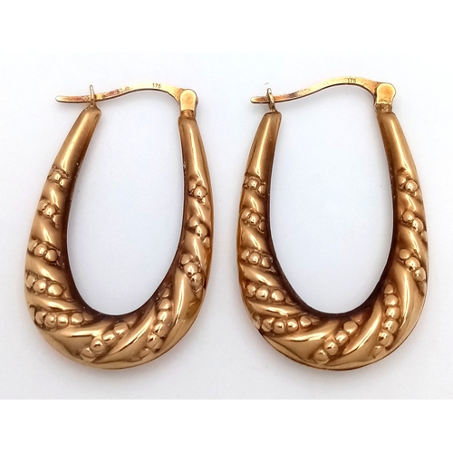 64 - A Pair of 9K Yellow Gold Creole Hoop Earrings. 3cm. 1.7g.