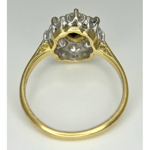 110 - AN 18K YELLOW GOLD DIAMOND & SAPPHIRE CLUSTER RING. DIAMOND WEIGHT 0.75CT. TOTAL WEIGHT 3.3G. SIZE N... 