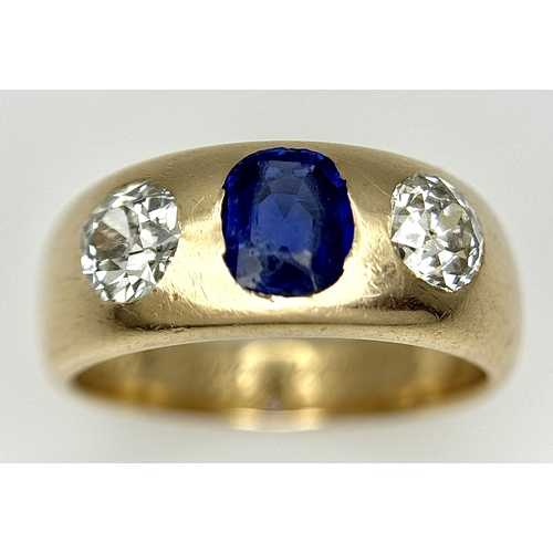 19 - AN ANTIQUE 14K YELLOW GOLD DIAMOND & SAPPHIRE 3 STONE RING. TOTAL WEIGHT 6.7G. SIZE N.  0.60CT DIAMO... 