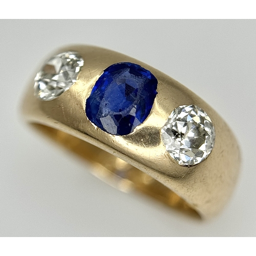 19 - AN ANTIQUE 14K YELLOW GOLD DIAMOND & SAPPHIRE 3 STONE RING. TOTAL WEIGHT 6.7G. SIZE N.  0.60CT DIAMO... 