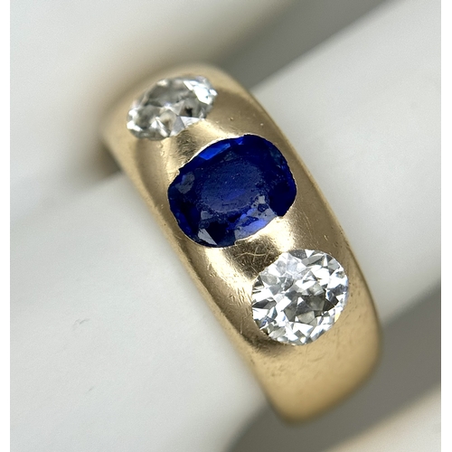19 - AN ANTIQUE 14K YELLOW GOLD DIAMOND & SAPPHIRE 3 STONE RING. TOTAL WEIGHT 6.7G. SIZE N.  0.60CT DIAMO... 