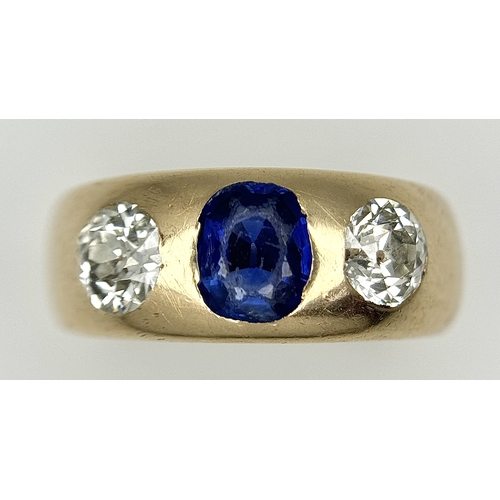 19 - AN ANTIQUE 14K YELLOW GOLD DIAMOND & SAPPHIRE 3 STONE RING. TOTAL WEIGHT 6.7G. SIZE N.  0.60CT DIAMO... 