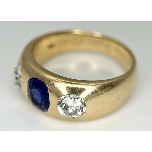19 - AN ANTIQUE 14K YELLOW GOLD DIAMOND & SAPPHIRE 3 STONE RING. TOTAL WEIGHT 6.7G. SIZE N.  0.60CT DIAMO... 