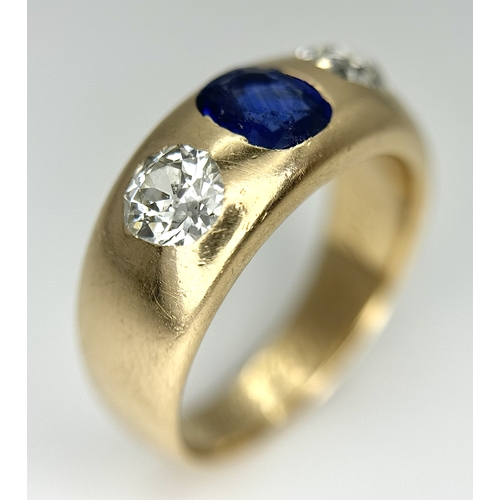 19 - AN ANTIQUE 14K YELLOW GOLD DIAMOND & SAPPHIRE 3 STONE RING. TOTAL WEIGHT 6.7G. SIZE N.  0.60CT DIAMO... 