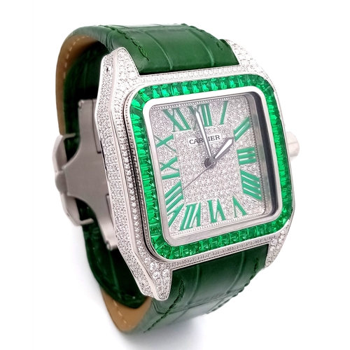 29 - A Head-Turning Cartier Santos 100 Diamond and Emerald 'Hulk' Automatic Gents Watch. Green leather st... 