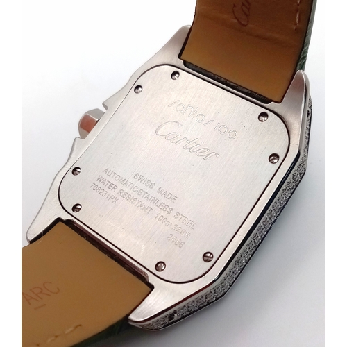 29 - A Head-Turning Cartier Santos 100 Diamond and Emerald 'Hulk' Automatic Gents Watch. Green leather st... 