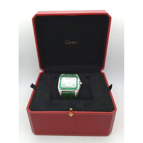 29 - A Head-Turning Cartier Santos 100 Diamond and Emerald 'Hulk' Automatic Gents Watch. Green leather st... 