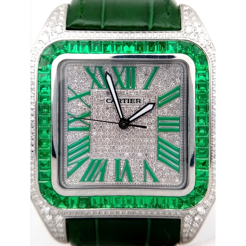 29 - A Head-Turning Cartier Santos 100 Diamond and Emerald 'Hulk' Automatic Gents Watch. Green leather st... 