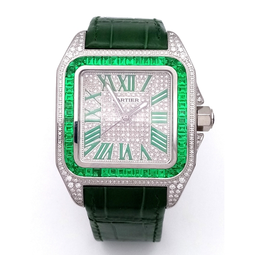 29 - A Head-Turning Cartier Santos 100 Diamond and Emerald 'Hulk' Automatic Gents Watch. Green leather st... 