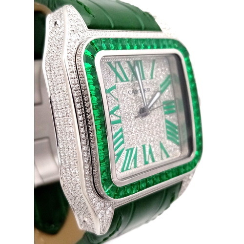 29 - A Head-Turning Cartier Santos 100 Diamond and Emerald 'Hulk' Automatic Gents Watch. Green leather st... 