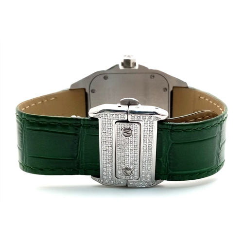 29 - A Head-Turning Cartier Santos 100 Diamond and Emerald 'Hulk' Automatic Gents Watch. Green leather st... 