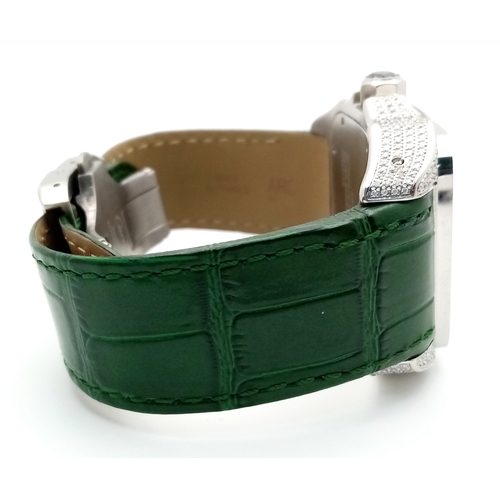 29 - A Head-Turning Cartier Santos 100 Diamond and Emerald 'Hulk' Automatic Gents Watch. Green leather st... 
