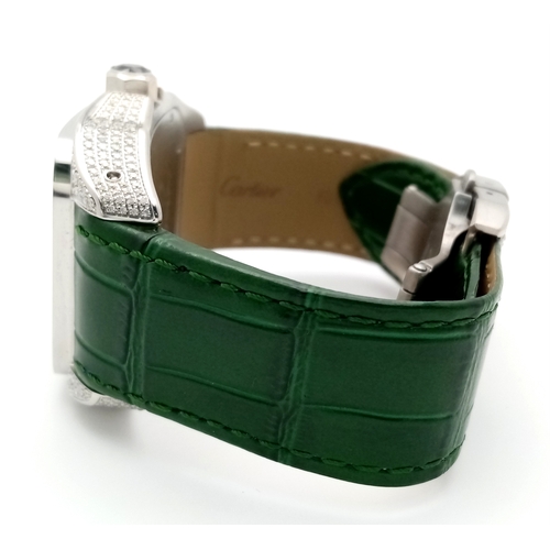 29 - A Head-Turning Cartier Santos 100 Diamond and Emerald 'Hulk' Automatic Gents Watch. Green leather st... 
