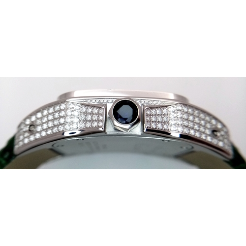 29 - A Head-Turning Cartier Santos 100 Diamond and Emerald 'Hulk' Automatic Gents Watch. Green leather st... 