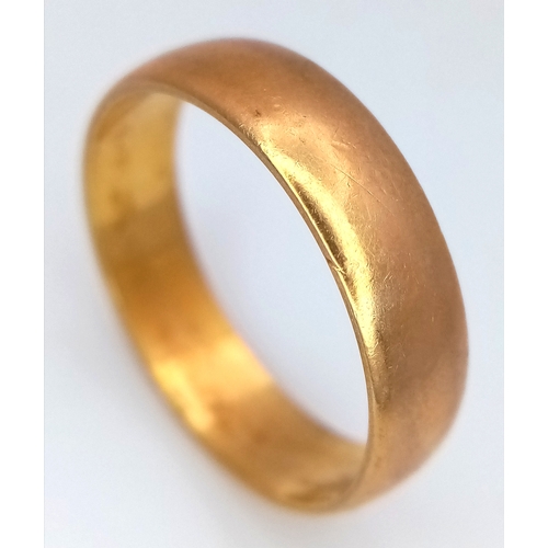 72 - A 22K Yellow Gold Band Ring. 6mm width. Full UK hallmarks. 4.35g.