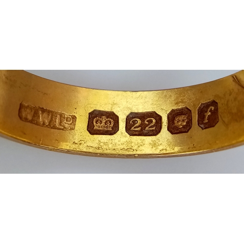 72 - A 22K Yellow Gold Band Ring. 6mm width. Full UK hallmarks. 4.35g.
