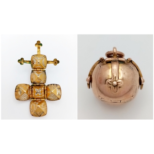 92 - A 9K Yellow Gold and Silver Masonic Ball Pendant - Opens to form a cross. 5 x 3.5cm. 7.3g.