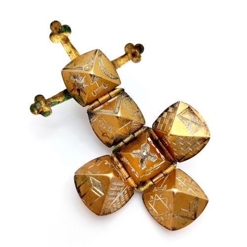 92 - A 9K Yellow Gold and Silver Masonic Ball Pendant - Opens to form a cross. 5 x 3.5cm. 7.3g.