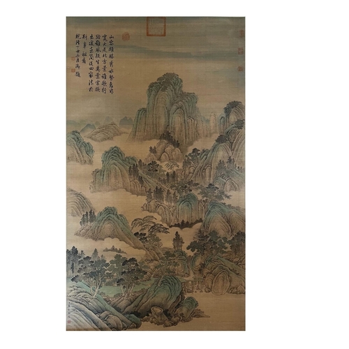 109 - Landscape - Attribute to Tang Dai. Inscribed by Qian Long. Chinese ink and watercolor on silk 
scrol... 
