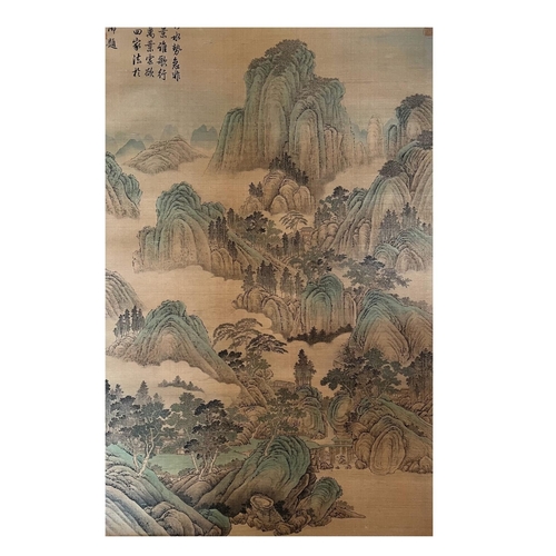 109 - Landscape - Attribute to Tang Dai. Inscribed by Qian Long. Chinese ink and watercolor on silk 
scrol... 