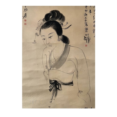 116 - A female portrait on silk - Attribute to Zhang Daqian. The inscription described that Zhang Daqian i... 