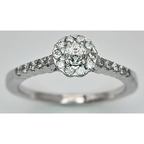 106 - A 14K WHITE GOLD DIAMOND HALO RING. DIAMOND WEIGHT 0.49CT. TOTAL WEIGHT 3.2G. SIZE P. SC 8056
