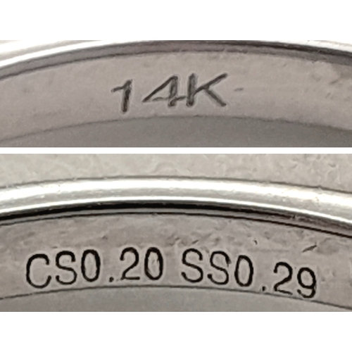 106 - A 14K WHITE GOLD DIAMOND HALO RING. DIAMOND WEIGHT 0.49CT. TOTAL WEIGHT 3.2G. SIZE P. SC 8056