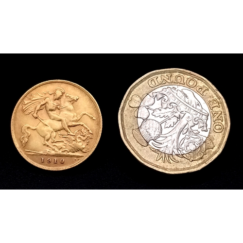 114 - A 1910 KING EDWARD VII, LONDON MINT, HALF SOVEREIGN COIN. 22K GOLD.  C-8026.