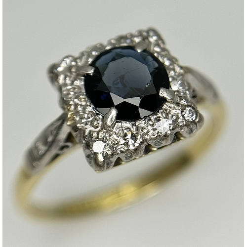 134 - A VINTAGE 18K YELLOW GOLD, PLATINUM, DIAMOND AND SAPPHIRE RING. TOTAL WEIGHT 3.1G. SIZE K. SC 8067
