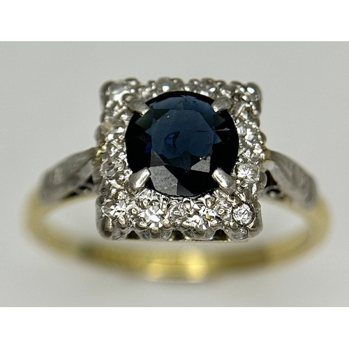 134 - A VINTAGE 18K YELLOW GOLD, PLATINUM, DIAMOND AND SAPPHIRE RING. TOTAL WEIGHT 3.1G. SIZE K. SC 8067