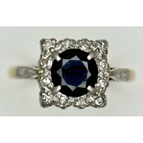 134 - A VINTAGE 18K YELLOW GOLD, PLATINUM, DIAMOND AND SAPPHIRE RING. TOTAL WEIGHT 3.1G. SIZE K. SC 8067