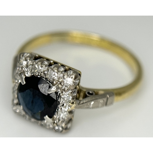134 - A VINTAGE 18K YELLOW GOLD, PLATINUM, DIAMOND AND SAPPHIRE RING. TOTAL WEIGHT 3.1G. SIZE K. SC 8067