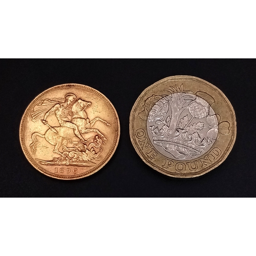 94 - AN 1896 QUEEN VICTORIA, OLD HEAD, MELBOURNE MINT, FULL SOVEREIGN COIN. 22K GOLD. C-8004.