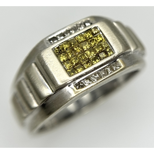 99 - A 14K WHITE GOLD ROLEX STYLE DESIGN WHITE AND YELLOW DIAMOND SET RING. TOTAL WEIGHT 8.8G. SIZE U. SC... 