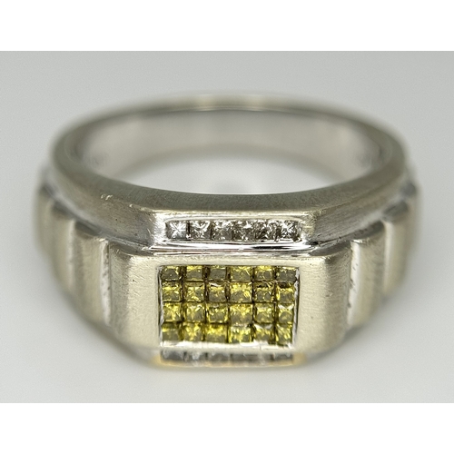 99 - A 14K WHITE GOLD ROLEX STYLE DESIGN WHITE AND YELLOW DIAMOND SET RING. TOTAL WEIGHT 8.8G. SIZE U. SC... 