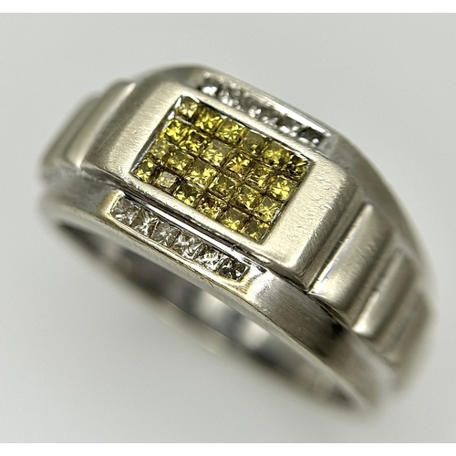 99 - A 14K WHITE GOLD ROLEX STYLE DESIGN WHITE AND YELLOW DIAMOND SET RING. TOTAL WEIGHT 8.8G. SIZE U. SC... 