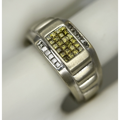 99 - A 14K WHITE GOLD ROLEX STYLE DESIGN WHITE AND YELLOW DIAMOND SET RING. TOTAL WEIGHT 8.8G. SIZE U. SC... 