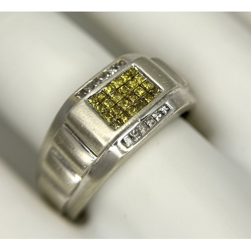 99 - A 14K WHITE GOLD ROLEX STYLE DESIGN WHITE AND YELLOW DIAMOND SET RING. TOTAL WEIGHT 8.8G. SIZE U. SC... 