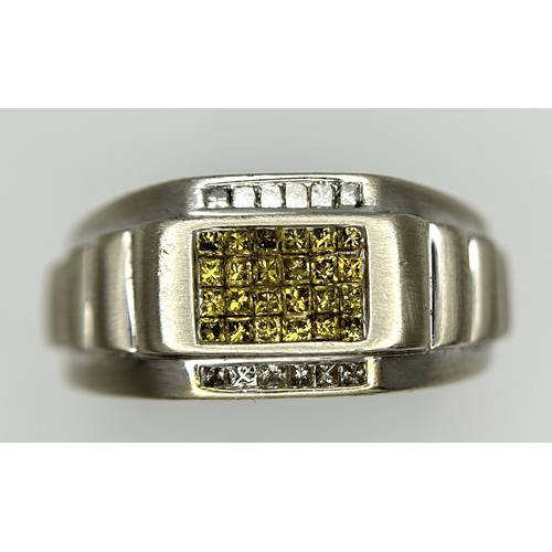 99 - A 14K WHITE GOLD ROLEX STYLE DESIGN WHITE AND YELLOW DIAMOND SET RING. TOTAL WEIGHT 8.8G. SIZE U. SC... 