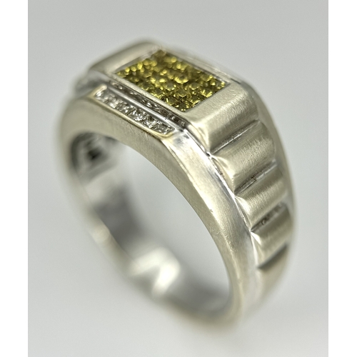 99 - A 14K WHITE GOLD ROLEX STYLE DESIGN WHITE AND YELLOW DIAMOND SET RING. TOTAL WEIGHT 8.8G. SIZE U. SC... 
