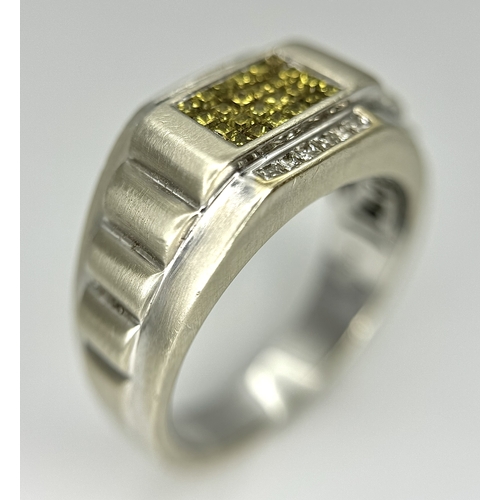 99 - A 14K WHITE GOLD ROLEX STYLE DESIGN WHITE AND YELLOW DIAMOND SET RING. TOTAL WEIGHT 8.8G. SIZE U. SC... 