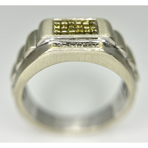 99 - A 14K WHITE GOLD ROLEX STYLE DESIGN WHITE AND YELLOW DIAMOND SET RING. TOTAL WEIGHT 8.8G. SIZE U. SC... 
