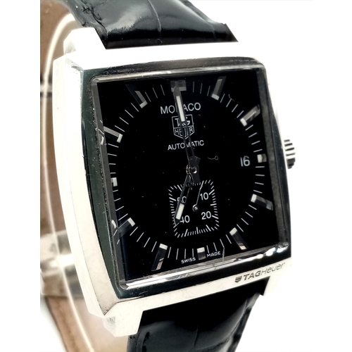 69 - A Tag Heuer Monaco Automatic Gents Watch. Model WW2110-0. Black leather strap. Stainless steel case ... 