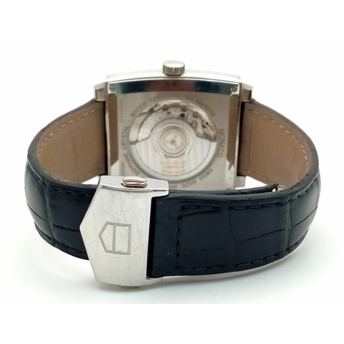 69 - A Tag Heuer Monaco Automatic Gents Watch. Model WW2110-0. Black leather strap. Stainless steel case ... 