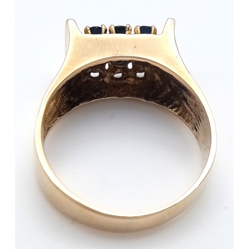 105 - Beautiful 9 CARAT GOLD RING  WITH SAPPHIRES to top IN MODERNIST SETTING. 4.35 Grams. Size M-M 1/2.