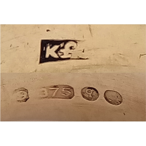 105 - Beautiful 9 CARAT GOLD RING  WITH SAPPHIRES to top IN MODERNIST SETTING. 4.35 Grams. Size M-M 1/2.