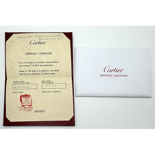 111 - A Cartier Platinum 950 Band Ring. Size I 1/2. 5.7g. Comes with a Cartier certificate. Ref: STK024167